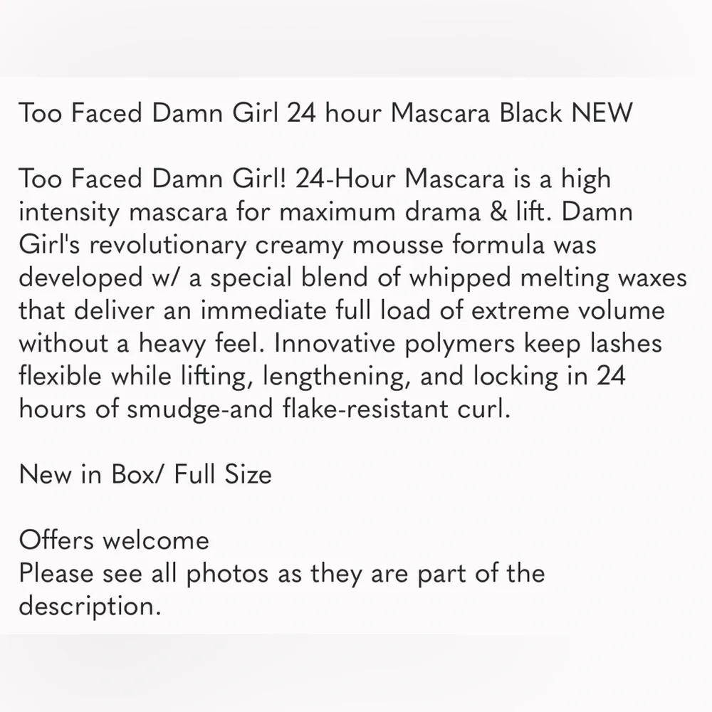 Too Faced Damn Girl 24 hour Mascara Black NEW
